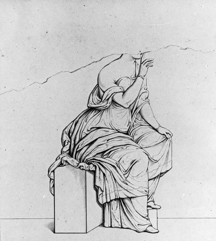 231557 Bestand-D-DAI-ROM-W.0234
VI.9.6 Pompeii. W.234. Room 6, drawing of wall painting of a sitting girl in green chiton and red mantel. From the south end of the west wall of the peristyle.from peristyle.
See Real Museo Borbonico XII, taf 19.
Photo by Tatiana Warscher. With kind permission of DAI Rome, whose copyright it remains.
See http://arachne.uni-koeln.de/item/marbilderbestand/231557
