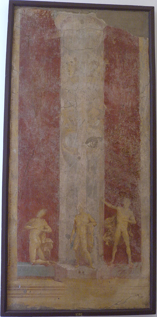 VI.9.6 Pompeii. Found on 18th June 1828 in room 6, the peristyle.
Wall painting of slaughter of sons of Niobe.
On the interior piers (east facing) at the western end of the peristyle were a painted pair of gold coloured candelabra shaped as Delphic tripods.
Encircling their tiered shafts were figures enacting the slaughter of the Niobids: the female victims on one side, the young men on the other.
Now in Naples Archaeological Museum. Inventory number 9302.
See Helbig, W., 1868. Wandgemälde der vom Vesuv verschütteten Städte Campaniens. Leipzig: Breitkopf und Härtel. (1154).