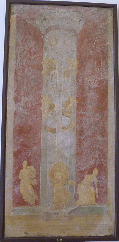 VI.9.6 Pompeii. Found on 18th June 1828 in room 6, the peristyle.
Wall painting of slaughter of the daughters of Niobe.
On the interior piers (east facing) at the western end of the peristyle were a painted pair of gold coloured candelabra shaped as Delphic tripods. Encircling their tiered shafts were figures enacting the slaughter of the Niobids: the female victims on one side, the young men on the other.
Now in Naples Archaeological Museum. Inventory number 9304.
See Helbig, W., 1868. Wandgemälde der vom Vesuv verschütteten Städte Campaniens. Leipzig: Breitkopf und Härtel. (1154).