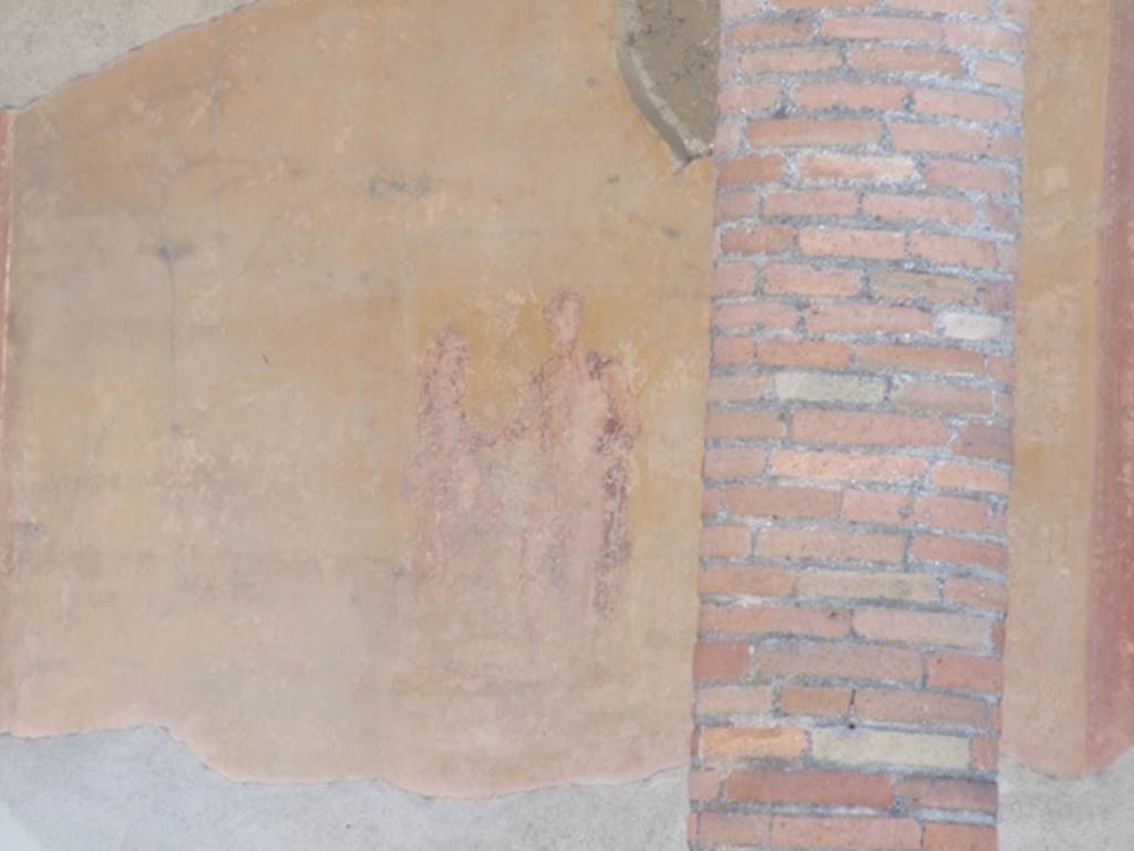 VI.9.6 Pompeii. March 2009. Room 6, wall painting of a youth with a red cloak holding a spear in his left hand and a horse with his right hand.
From east end of south wall of peristyle. See Helbig, W., 1868. Wandgemälde der vom Vesuv verschütteten Städte Campaniens. Leipzig: Breitkopf und Härtel. (1841: p.431).