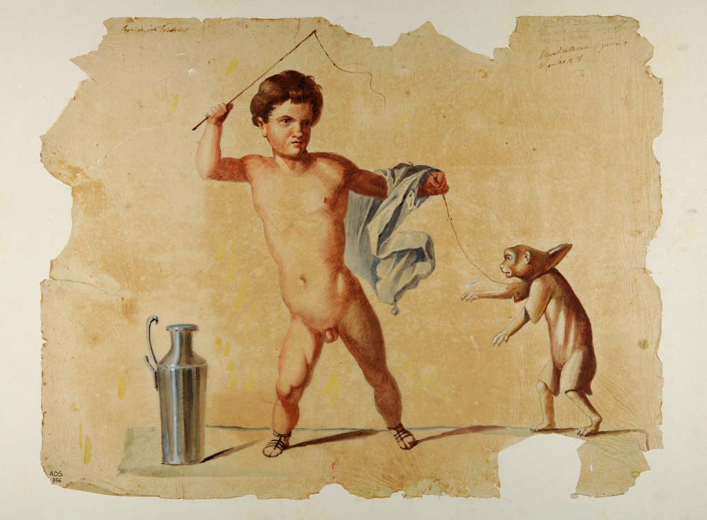 VI.9.6 Pompeii. Painting of naked child training a monkey, found 20th or 26th April 1828 in the peristyle, attributed to Giuseppe Marsigli.
Now in Naples Archaeological Museum. Inventory number ADS 356.
Photo © ICCD. http://www.catalogo.beniculturali.it
Utilizzabili alle condizioni della licenza Attribuzione - Non commerciale - Condividi allo stesso modo 2.5 Italia (CC BY-NC-SA 2.5 IT)