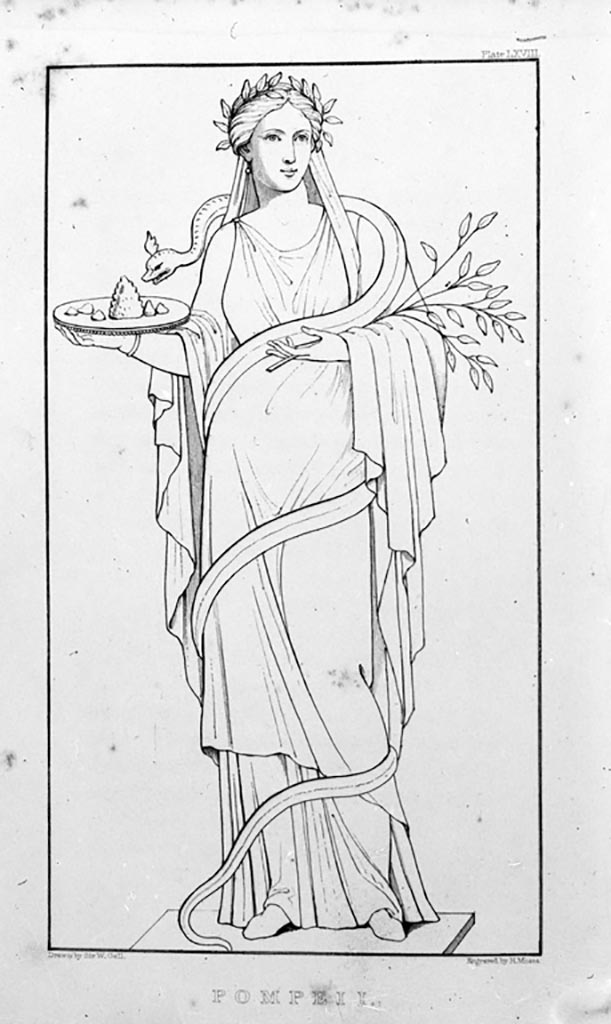 VI.9.6 Pompeii. W.224.
Room 6, drawing of wall painting of Priestess with serpent, or also thought to be Hygeia.
This was found on the north side of the pilaster in the north-east corner of the peristyle.
See Dobbins, J. J. and Foss, P. W., 2008. The World of Pompeii. Oxford: Routledge. (p.533)
See Helbig, W., 1868. Wandgemälde der vom Vesuv verschütteten Städte Campaniens. Leipzig: Breitkopf und Härtel. (1819)
See Gell, W, 1832. Pompeiana: Vol 2. London: Jennings and Chaplin. (p.147, taf 68)
Photo by Tatiana Warscher. Photo © Deutsches Archäologisches Institut, Abteilung Rom, Arkiv.