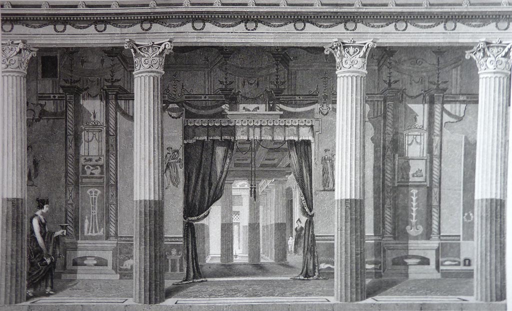 VI.9.6 Pompeii. Pre 1836. Room 6, drawing by Gell showing north wall of peristyle and doorway to atrium.
Gell wrote –
“This Plate exhibits one of the most splendidly decorated walls of the house of the Dioscuri.
The curtain is added because there is no trace of a door in the opening between the two courts, and the ceiling of the atrium is restored, since there can be no doubt on the subject, for the better comprehending of the original effect.
The pillars in front are even now covered with a paltry roof, which has been somewhat improved in this Plate in the style of the period when Pompeii was destroyed.”
See Gell, W and Gandy, J., 1880. Pompeii, its destruction and re-discovery. New York: Worthington.