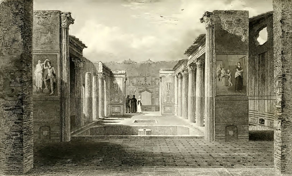 VI.9.6 Pompeii. About 1832. Drawing by Gell of peristyle with large basin and fountain. Looking west from room 22.
On the pilaster on the left is a painting of Perseus rescuing Andromeda.
Now in Naples Archaeological Museum. Inventory number 8998.
On the pilaster on the right is the painting of Medea with her children.
Now in Naples Archaeological Museum. Inventory number 8977.
On the inside of the pilasters at the far west end are two paintings of the slaughter of the sons and daughters of Niobe.
Wall painting of slaughter of the daughters of Niobe.
Now in Naples Archaeological Museum. Inventory number 9304.
Wall painting of slaughter of sons of Niobe.
Now in Naples Archaeological Museum. Inventory number 9302.