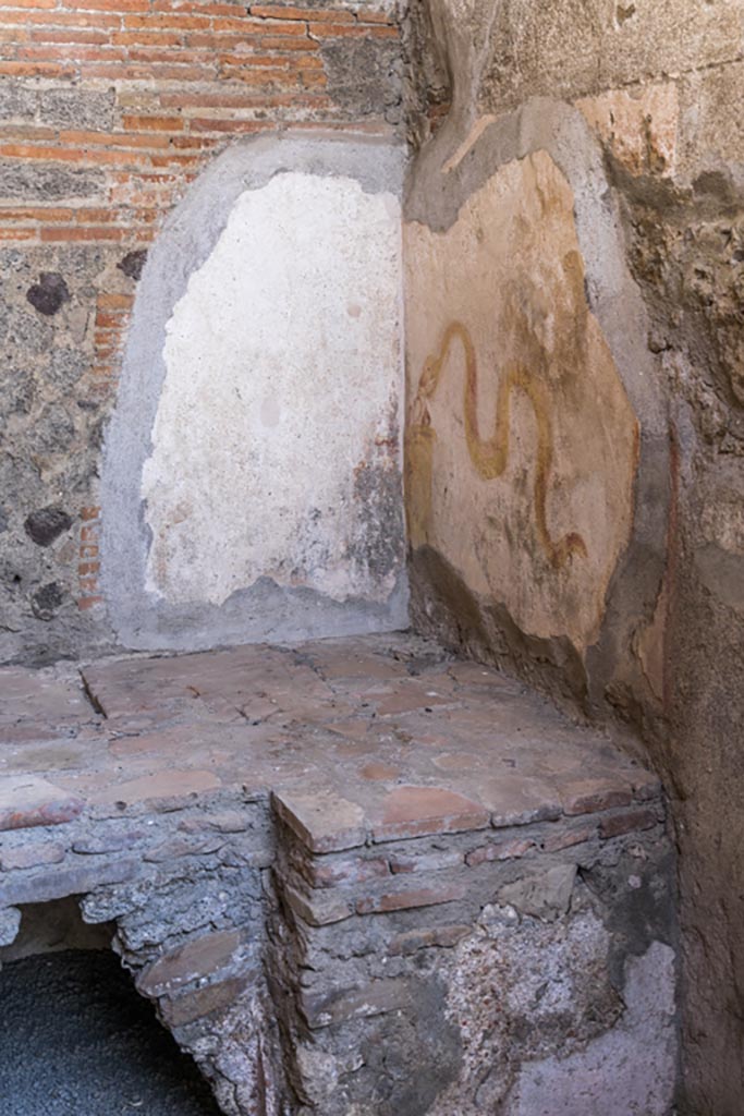 VI.9.7 Pompeii. January 2023.
Room 4, painted lararium in north-west corner of kitchen. Photo courtesy of Johannes Eber.