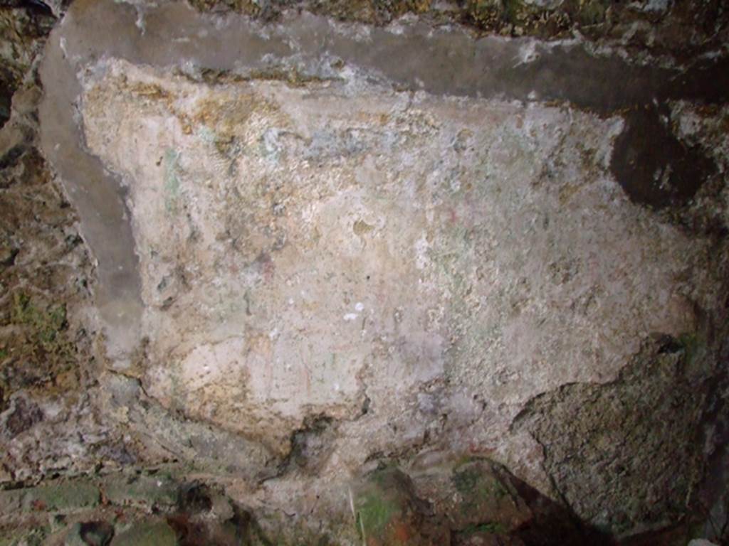 VI.9.10 Pompeii. March 2009. Kitchen. North wall. Remains of painted Lararium. Giacobello mentions a Lararium painting identified by Boyce (1937, p.50, n. 175) but with no description or picture. It was on the north wall of the subterranean kitchen above a small rectangular altar. Neither has a picture. Fröhlich does not mention it at all. See Giacobello, F., 2008. Larari Pompeiani: Iconografia e culto dei Lari in ambito domestico. Milano: LED Edizioni. (54: p175). For a more detailed view of the Lararium painting see the link to part 3, below.