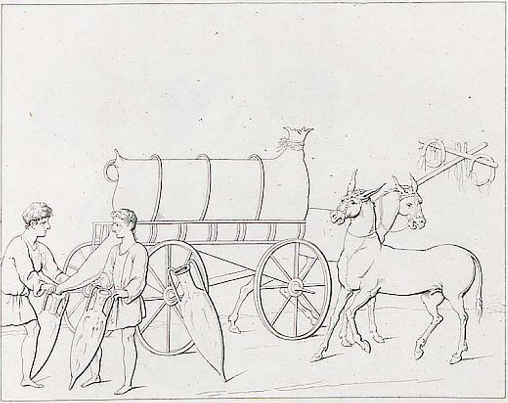 VI.10.1 Pompeii. 1827. North wall of rear room, drawing of fresco of cart delivering wine, with the mules resting un-harnessed.
According to RMB there were two separate paintings of a wine cart.
See Real Museo Borbonico IV (1827), Notizie degli Scavi p. 2, Tav. A.
A second painting of the same subject was also found on the east wall of front room on the south side of the doorway to rear room.
See Bragantini, de Vos, Badoni, 1983. Pitture e Pavimenti di Pompei, Parte 2. Rome: ICCD. (p.228, ambiente ‘c’).