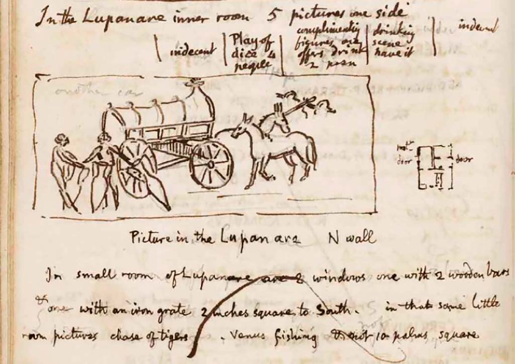 VI.10.1 Pompeii. c.1830. North wall. Drawing by Gell of cart delivering wine which he attributes to the north wall.
See Gell, W. Sketchbook of Pompeii, c.1830.
See book from Van Der Poel Campanian Collection on Getty website http://hdl.handle.net/10020/2002m16b425
