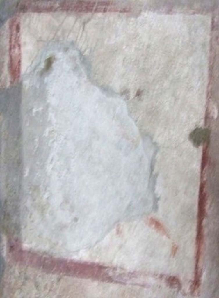 VI.10.1 Pompeii. March 2009. Fresco on east wall of rear room.
Remains of painting showing human feet and shins of the man.
A nineteenth century copy of the painting showed a man and a naked woman drinking whilst balancing on a tightrope.
According to Beard, the tightrope may have been a figment of the nineteenth century artist’s imagination.
See Beard, M., 2008. Pompeii: The Life of a Roman Town. London: Profile Books. (p. 231/2, Pl. 11).