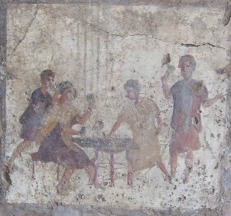 VI.10.1 Pompeii. March 2009. Rear room on north side. Fresco on south wall. Painting of men gambling.