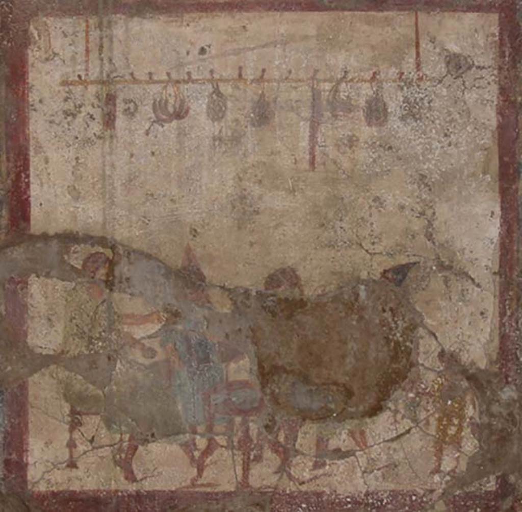 VI.10.1 Pompeii. May 2003. Fresco on south wall of rear room. Detail of people at a table with sausages, onions and other food hanging above them. Photo courtesy of Nicolas Monteix.
