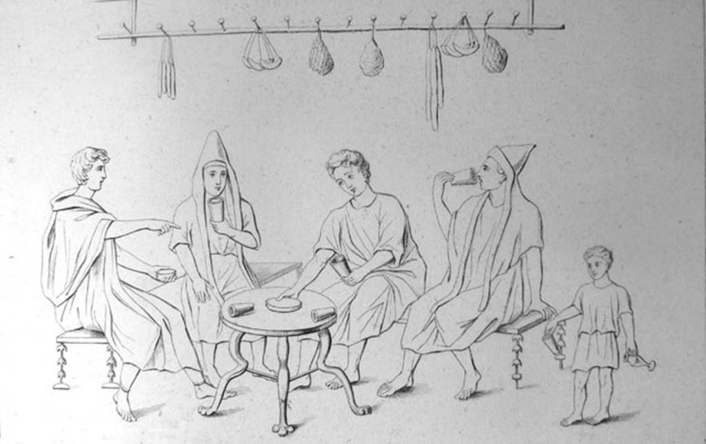 VI.10.1 Pompeii. Drawing of fresco on south wall of rear room. People at a table with sausages, onions and other food hanging above them.