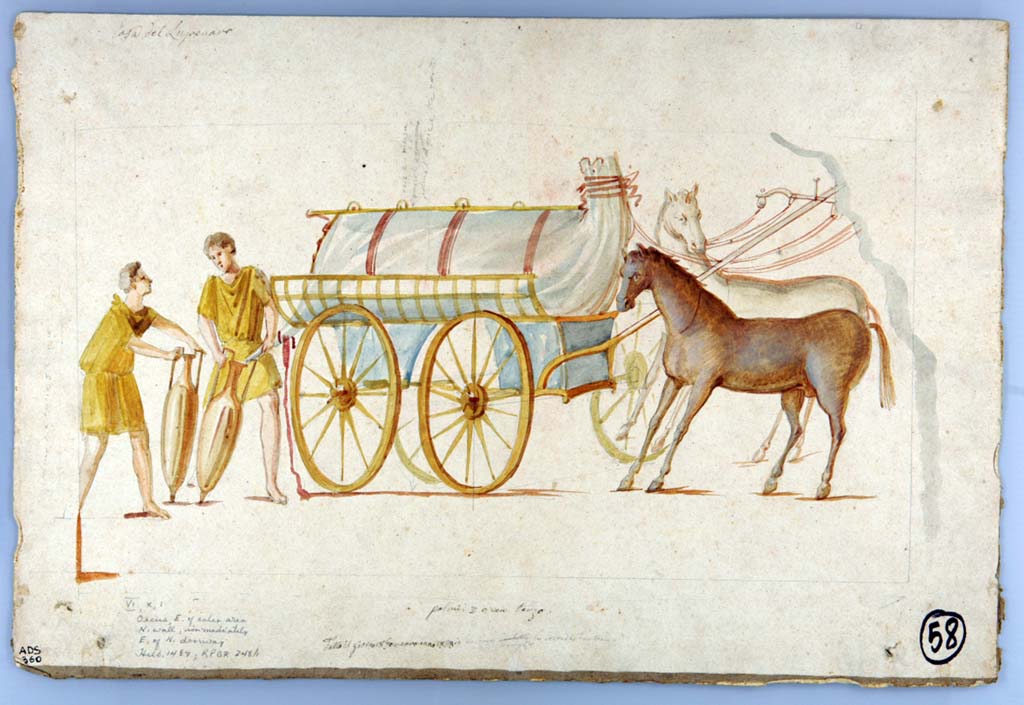 VI.10.1 Pompeii. Painting by Giuseppe Marsigli made 18th January 1828.
The (later) note on this painting says
VI.X.1
Oecus E of sales area
N Wall immediately
E of N doorway
Helbig 1487 RPGR 248h
According to the ICCD scheda: L'acquerello raffigura la vignetta dipinta sulla pereta N dell'ambiente b della Caupona della Via di Mercurio a Pompei (VI 10, 1), rimasta in situ e non piů leggibile.
Now in Naples Archaeological Museum. Inventory number ADS 360.
Photo © ICCD. https://www.catalogo.beniculturali.it
Utilizzabili alle condizioni della licenza Attribuzione - Non commerciale - Condividi allo stesso modo 2.5 Italia (CC BY-NC-SA 2.5 IT)