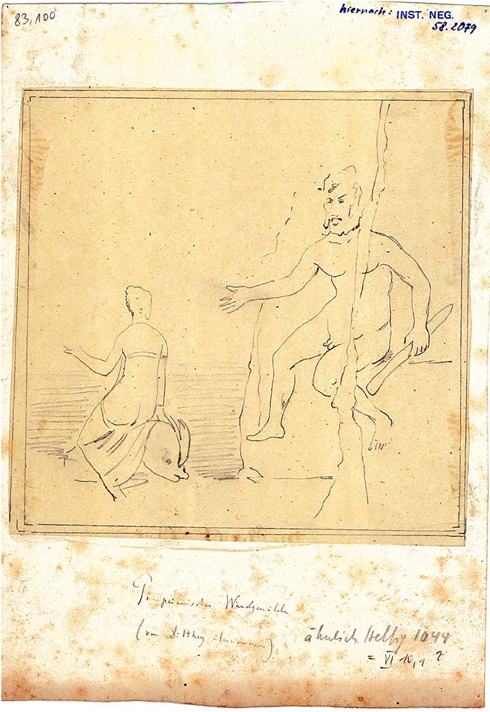VI.10.1 Pompeii. Drawing of wall painting of Polyphemus watching Galatea on a dolphin on south wall of rear room.
DAIR 83.100. Photo © Deutsches Archäologisches Institut, Abteilung Rom, Arkiv.