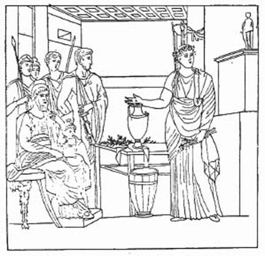 VI.10.2 Pompeii. Drawing of wall painting of Aeneas consulting Anio.
The painting was also found in the oecus.
See Helbig, W., 1868. Wandgemälde der vom Vesuv verschütteten Städte Campaniens. Leipzig: Breitkopf und Härtel. (1391b)
See Pagano, M. and Prisciandaro, R., 2006. Studio sulle provenienze degli oggetti rinvenuti negli scavi borbonici del regno di Napoli. Naples: Nicola Longobardi. (p.140)