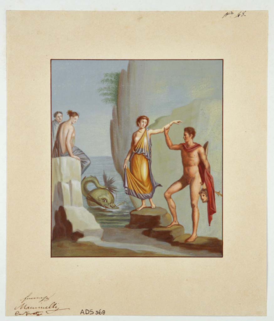 VI.10.2 Pompeii. Anonymous painting, but similar to engraving by Marsigli, of Perseus and Andromeda.
This appears to be the only documentation of this painting which was detached because as one can read in MB –
“this picture was excavated very damaged by the events of time and the eruption”.
See Museo Borbonico IV, tav.50, which was signed by Marsigli.
Now in Naples Archaeological Museum. Inventory number ADS 368.
Photo © ICCD. http://www.catalogo.beniculturali.it
Utilizzabili alle condizioni della licenza Attribuzione - Non commerciale - Condividi allo stesso modo 2.5 Italia (CC BY-NC-SA 2.5 IT)
See Helbig, W., 1868. Wandgemälde der vom Vesuv verschütteten Städte Campaniens. Leipzig: Breitkopf und Härtel, (1187).