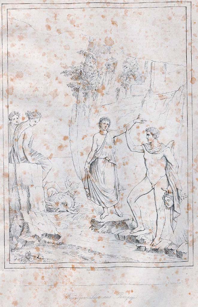 VI.10.2 Pompeii. Pre-November 1856. Drawing by Zahn, of Perseus and Andromeda.
See Zahn, W., 1852-59. Die schönsten Ornamente und merkwürdigsten Gemälde aus Pompeji, Herkulanum und Stabiae: III. Berlin: Reimer, taf. LXXI.