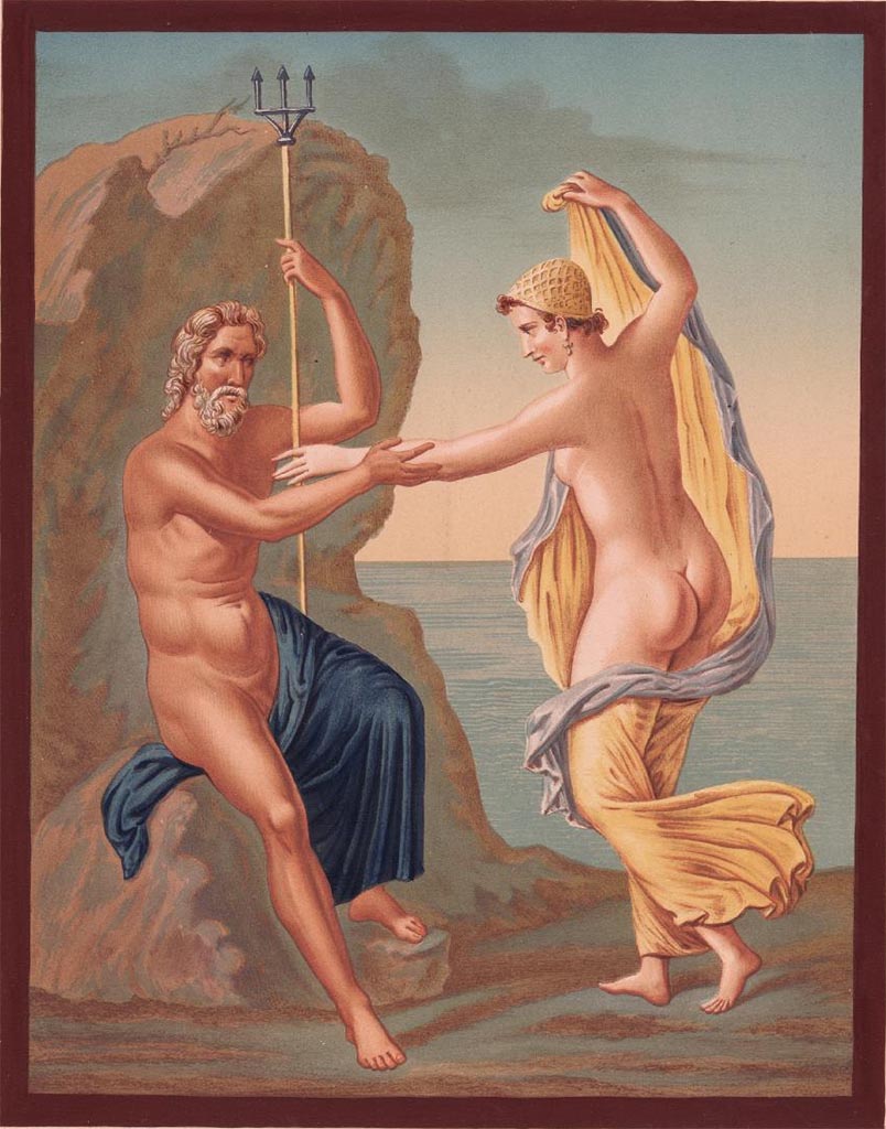 VI.10.7 Pompeii. Pre-1846.
Reproduction painting by H. Roux of Amymone and Poseidon (Neptune) from south wall of room on south side of entrance doorway.
See Raoul-Rochette M., 1846. Choix de Peintures de Pompei. Paris : L’Imprimerie Royale, (Pl.2) and description (p.17-25, and p.58.)