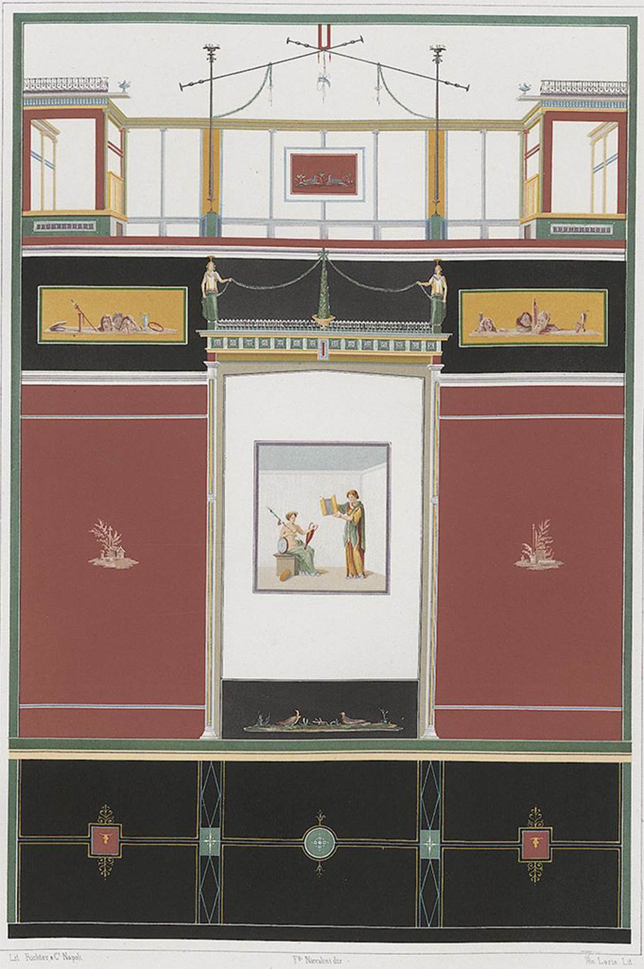 VI.10.7 Pompeii. 1862 painting. Room 3, the central panel has a painting of two female bacchantes.
One sits on a stone seat, with a tympanon in one hand and a pointed amphora in the other.
One is standing and is holding a painting, which she is showing to the other.
See Helbig, W., 1868. Wandgemälde der vom Vesuv verschütteten Städte Campaniens. Leipzig: Breitkopf und Härtel. (495).
See Niccolini F, 1862. Le case ed i monumenti di Pompei: Volume Secondo. Napoli,
