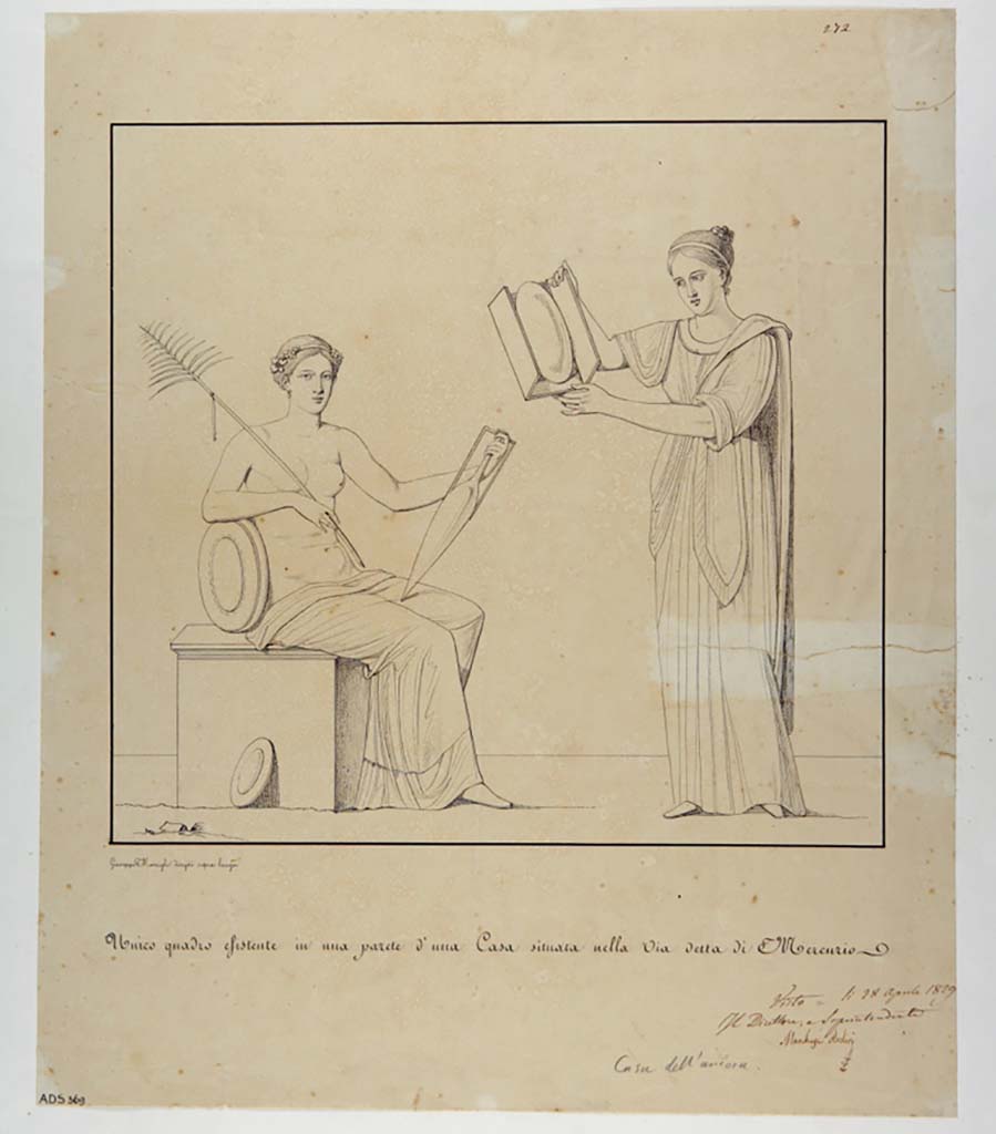 VI.10.7 Pompeii. Drawing by Giuseppe Marsigli, 1829, of central painting of two figures from wall of cubiculum,
Now in Naples Archaeological Museum. Inventory number ADS 369.
Photo © ICCD. http://www.catalogo.beniculturali.it
Utilizzabili alle condizioni della licenza Attribuzione - Non commerciale - Condividi allo stesso modo 2.5 Italia (CC BY-NC-SA 2.5 IT)