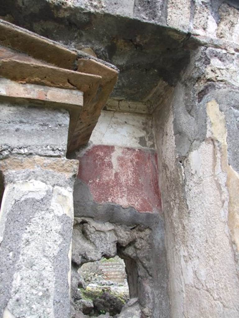 VI.10.7 Pompeii. March 2009. Room 15. Garden area. South side. Centre niche. Red and white painted plaster on west side of niche.