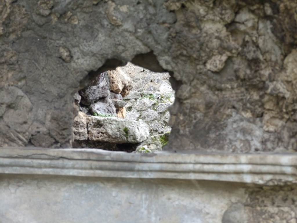 VI.10.7 Pompeii. March 2009. Room 15. Garden area. South side. Apsed niche at east end. Hole in centre of rear wall