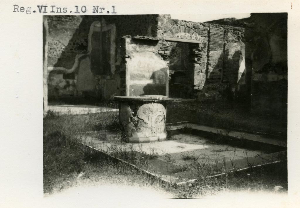 VI.10.11 Pompeii but listed as VI.10.1 on the photo. Pre-1937-39.
Looking north-east across atrium towards pilaster between rooms 8 and 7.
On the left is room 8, the tablinum, still showing some painted decoration.
Photo courtesy of American Academy in Rome, Photographic Archive. Warsher collection no. 1833a.