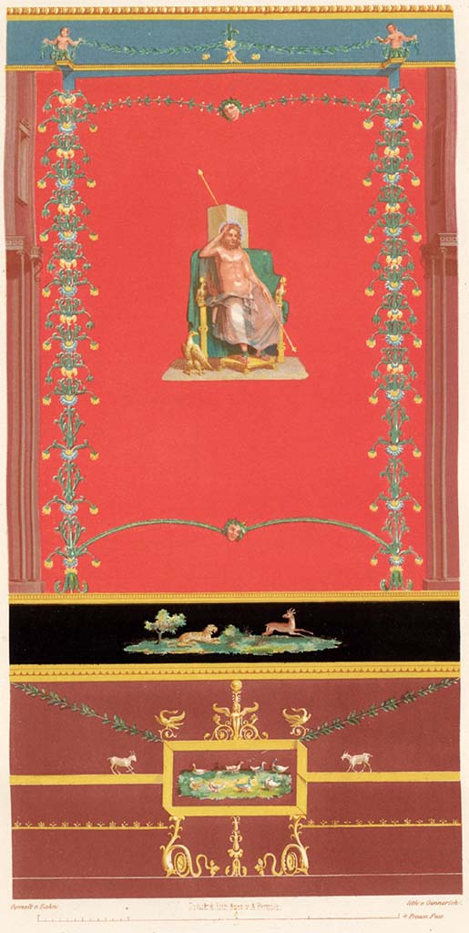 VI.10.11 Pompeii. Pre-1849.
Room 3, drawing of wall panel from the north wall of the atrium showing Giove/Zeus on his throne.
See Zahn W., 1849. Ornamente aller klassischen Kunst-Epochen nach den Originalen in ihren eigenthümlichen Farben. Berlin: Reimer, Taf. 91.