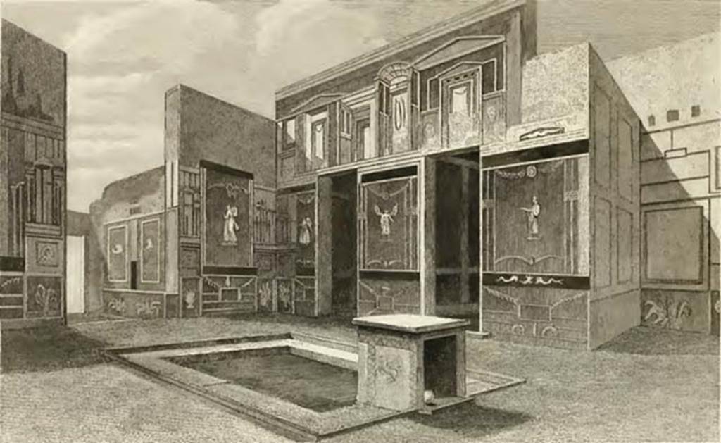 VI.10.11 Pompeii. Room 3, looking towards south-west corner of atrium.
See Gell, W, 1832. Pompeiana: Vol 1. London: Jennings and Chaplin. p. 180, plate 62.
The paintings in the panels on the walls do not seem to be completely accurate, it may have been painted from memory to give an impression of the atrium. Gell’s description reads…
“The walls when first discovered, were covered with brilliant colours, and much more might have been traced with regard to the details of the ornaments than is here represented, but the fact is, that by a variety of petty intrigues, strangers are prevented from drawing these objects, till they are either defaced or irrecoverably destroyed, and it is only by the despatch supplied by the camera lucida, that any memorial of them can be obtained. These walls of the atrium being higher than the rest are already in a tottering state, and possibly this plate may soon be the only record of their existence”. Photo courtesy of Rick Bauer.