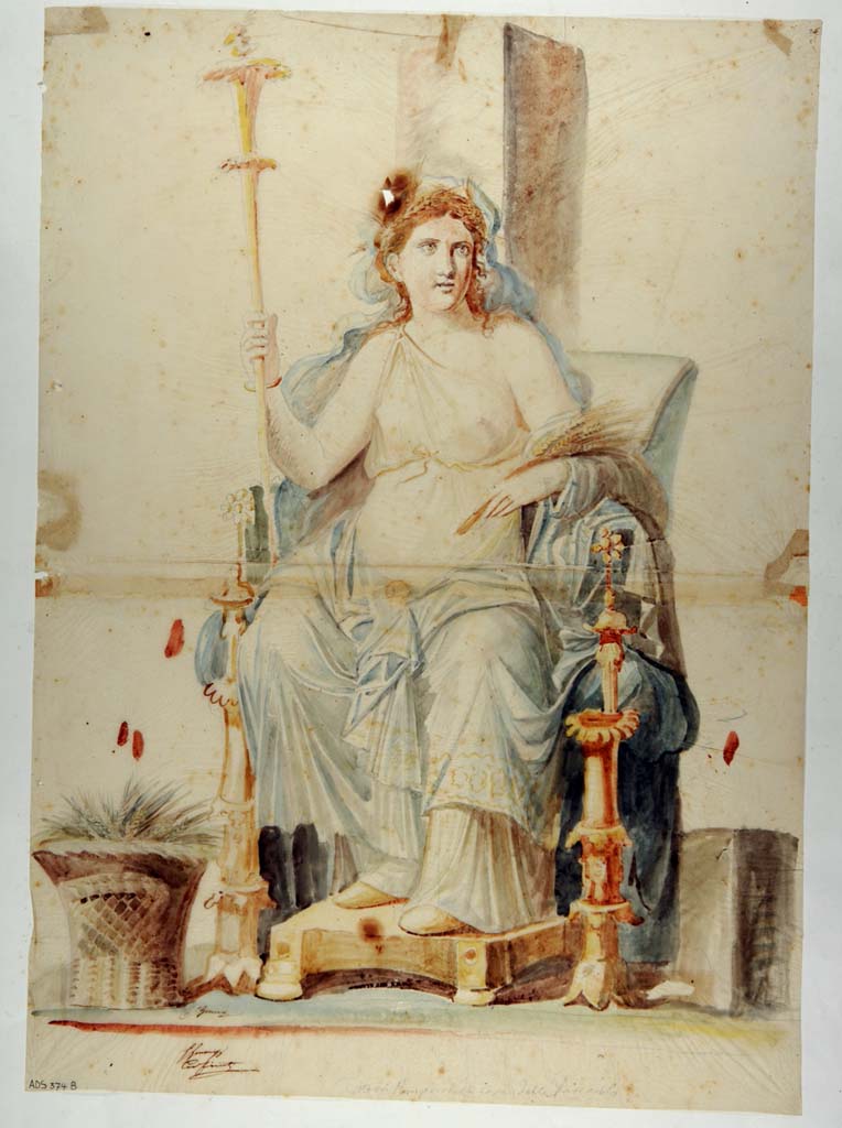 VI.10.11 Pompeii. Room 3, painted panel on south wall in south-west corner of atrium. Painting of Ceres by Giuseppe Marsigli.
Now in Naples Archaeological Museum. Inventory number ADS 374b.
Photo © ICCD. http://www.catalogo.beniculturali.it
Utilizzabili alle condizioni della licenza Attribuzione - Non commerciale - Condividi allo stesso modo 2.5 Italia (CC BY-NC-SA 2.5 IT)
The original painting was detached and removed to Naples Museum, inventory number 9457.
See Helbig, W., 1868. Wandgemälde der vom Vesuv verschütteten Städte Campaniens. Leipzig: Breitkopf und Härtel, (175).