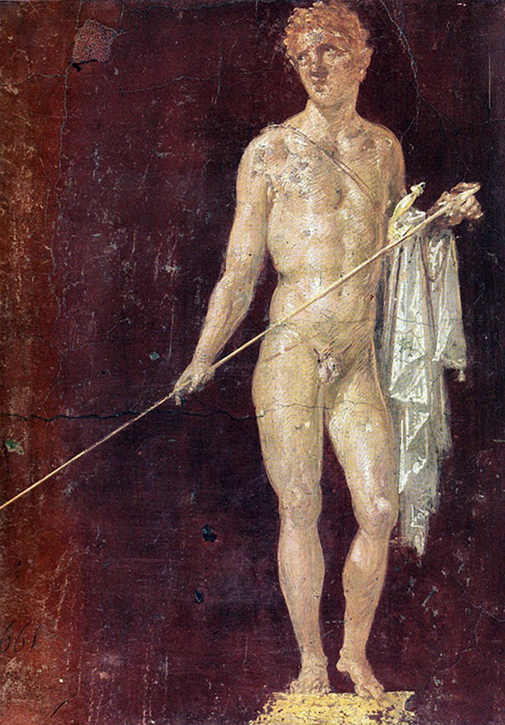VI.10.11 Pompeii.
Room 3, Painting of warrior, painted panel from west wall of atrium, south of the doorway to room 12.
Now in Naples Archaeological Museum. Inventory number 9123.
Our thanks to Rachel Lowder for helping with this.