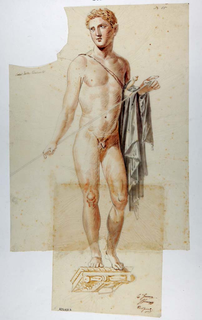 VI.10.11 Pompeii. Room 3, painted panel from west wall of atrium, south of the doorway to room 12.
Painting of warrior by Giuseppe Marsigli.
Now in Naples Archaeological Museum. Inventory number ADS 372A.
Photo © ICCD. http://www.catalogo.beniculturali.it
Utilizzabili alle condizioni della licenza Attribuzione - Non commerciale - Condividi allo stesso modo 2.5 Italia (CC BY-NC-SA 2.5 IT)
See Helbig, W., 1868. Wandgemälde der vom Vesuv verschütteten Städte Campaniens. Leipzig: Breitkopf und Härtel, (1832).
The original painting was detached and taken to Naples Museum.