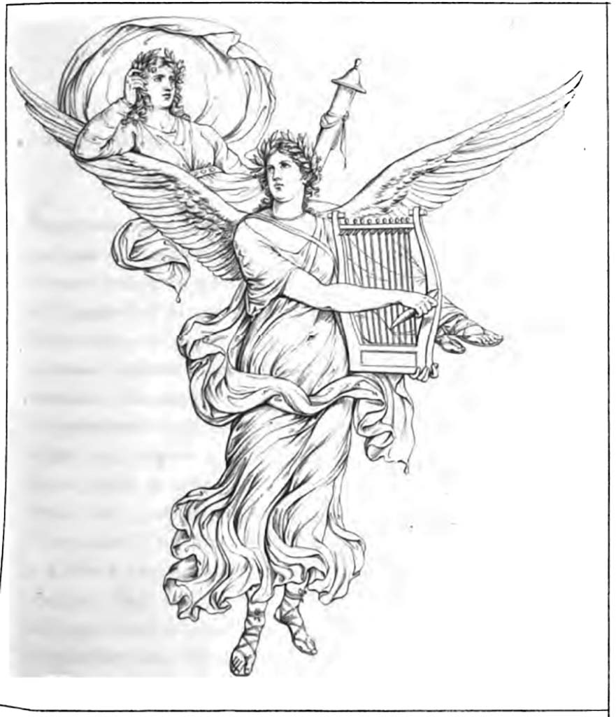 VI.10.11 Pompeii.
Room 3, drawing by Maldarelli of a winged Muse and Artemis/Diana, painted on the west wall of the atrium, on the pilaster between rooms 12 and 11.
See Real Museo Borbonico, Vol. V, 1829, Tav. XIX (19)