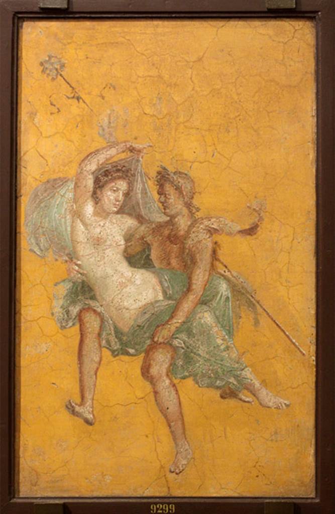 VI.10.11 Pompeii. Room 16, west wall of oecus. Floating Bacchic group, or Maenad and Satyr. Now in Naples Archaeological Museum. Inventory number 9299.
See Helbig, W., 1868. Wandgemälde der vom Vesuv verschütteten Städte Campaniens. Leipzig: Breitkopf und Härtel. (528).
