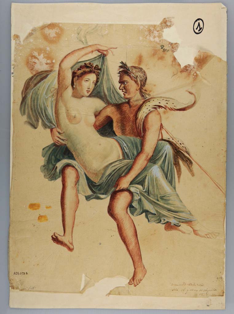 VI.10.11 Pompeii. Room 16, west wall of oecus/triclinium. Floating Bacchic group, or Maenad and Satyr.
Painting by Giuseppe Marsigli made 30th April 1827,
Now in Naples Archaeological Museum. Inventory number ADS 373b.
Photo © ICCD. http://www.catalogo.beniculturali.it
Utilizzabili alle condizioni della licenza Attribuzione - Non commerciale - Condividi allo stesso modo 2.5 Italia (CC BY-NC-SA 2.5 IT)
The original painting was then detached and is now in Naples Archaeological Museum. Inventory number 9299.