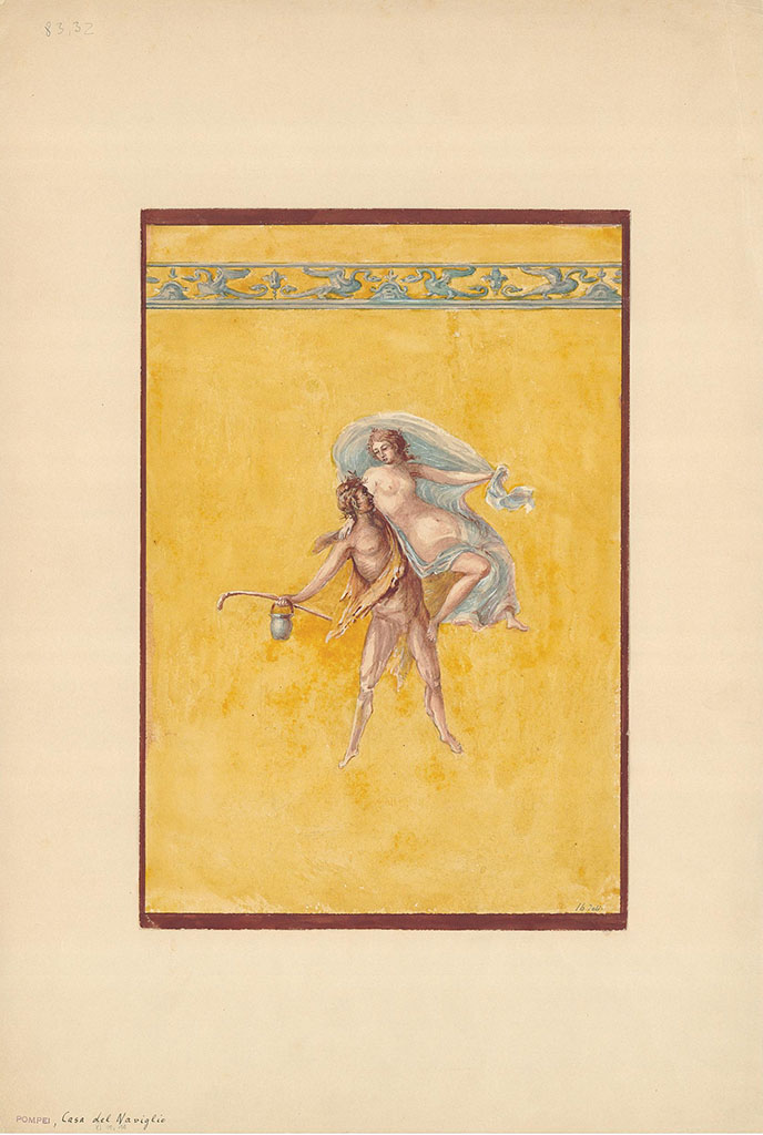 VI.10.11 Pompeii. Copy of wall painting of satyr and maenad, oecus/triclinium.
DAIR 83.32. Photo © Deutsches Archäologisches Institut, Abteilung Rom, Arkiv.
See http://arachne.uni-koeln.de/item/marbilder/5022207
The painting has Casa del Naviglio written on the bottom left.
The Satyr holds a pedum and a bucket, the Maenad does not hold anything in her left hand.
The drawings below show the Satyr holding a bucket, but no pedum – the Maenad is holding a stick/baton.
The DAIR however identifies the above painting as being from V.1.18. The above is also shown there.