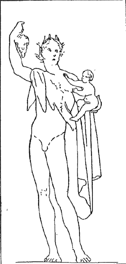 VI.10.11 Pompeii. Room 16, west wall of oecus/triclinium.
Drawing of wall painting with figures of Satyr holding Dionysus.
See Reinach S., 1922. Répertoire de peintures grecques et romaines. Paris Leroux. (97,4).