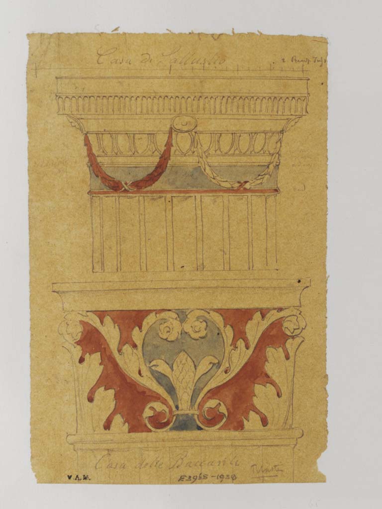 VI.10.11 Pompeii. c.1840. Painting by James William Wild, (1814-1892, artist).
Detail of painted stucco at top of square pilaster described as from Casa delle Baccante, lower sketch.
The upper sketch is from the top of a column in the Casa di Sallustio.
Photo © Victoria and Albert Museum, inventory number E.3965-1938.