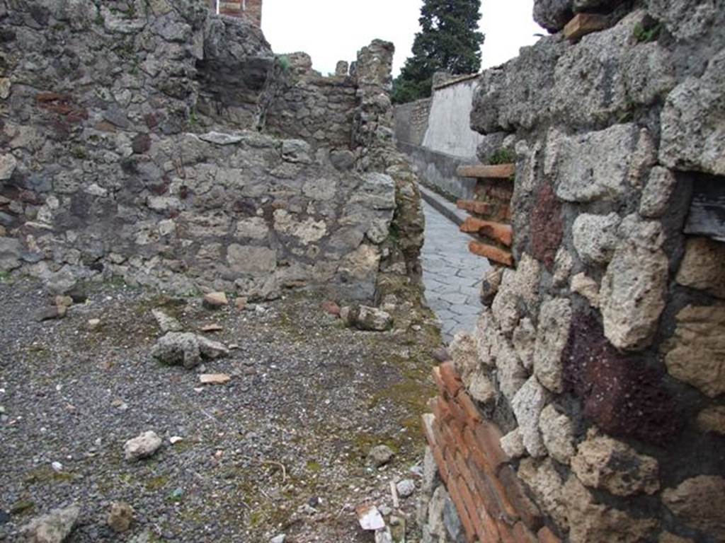 VI.10.14 Pompeii. March 2009. Room 9, east end of triclinium at rear of house. The original boundary wall along Vicolo del Fauno is now missing.
