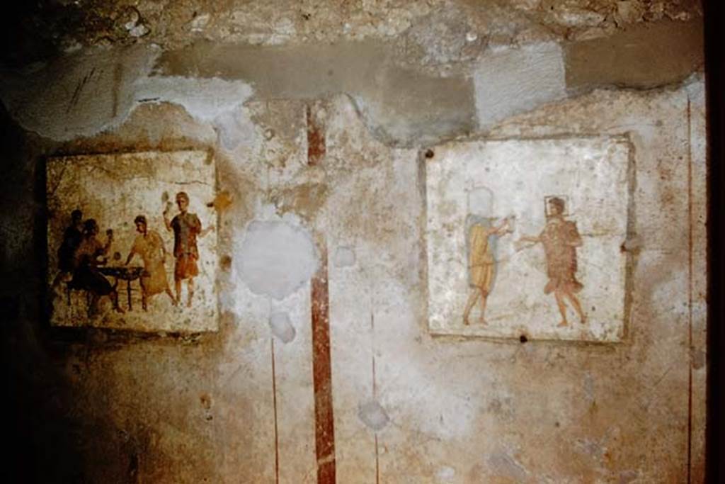 VI.10.19 Pompeii. 1959. Frescoes on south wall, of rear room on north side of bar-room.
Photo by Stanley A. Jashemski.
Source: The Wilhelmina and Stanley A. Jashemski archive in the University of Maryland Library, Special Collections (See collection page) and made available under the Creative Commons Attribution-Non Commercial License v.4. See Licence and use details.
J59f0531