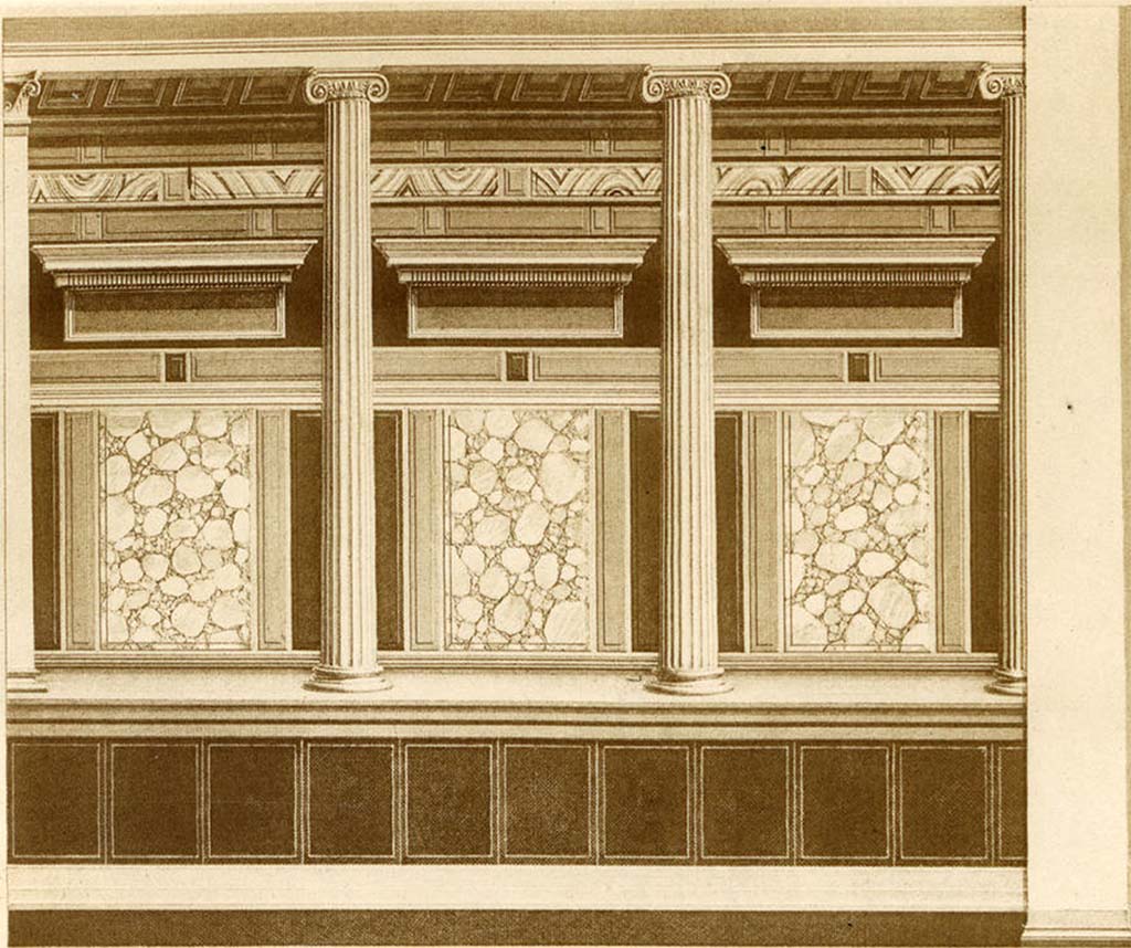 VI.11.9 Pompeii. Before 1882. Room 7, west ala, II Style north wall, as reconstructed by A. Sikkard.
See Mau, A. 1882. Geschichte der Decorativen Wandmalerei in Pompeji. Berlin: Reimer, Taf. IVa.
According to PPM, on a green base, leans a row of yellow Ionic columns on a violet podium, supporting a brown ceiling.
The wall behind the columns was divided into a middle zone with imitation marble panels, between violet separations, a violet frieze with light red slabs surmounted by a yellow molding, and an upper area with rows of colored ashlars.
See Carratelli, G. P., 1990-2003. Pompei: Pitture e Mosaici, 5. Roma: Istituto della enciclopedia italiana, p. 13.
