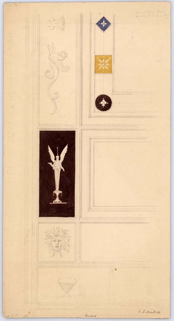 VI.11.9 Pompeii. November 1849.
Room 21, south end of arch in tepidarium of baths complex, drawing by Laurits Albert Winstrup.
Photo © Danmarks Kunstbibliotek, inventory number ark_6179.