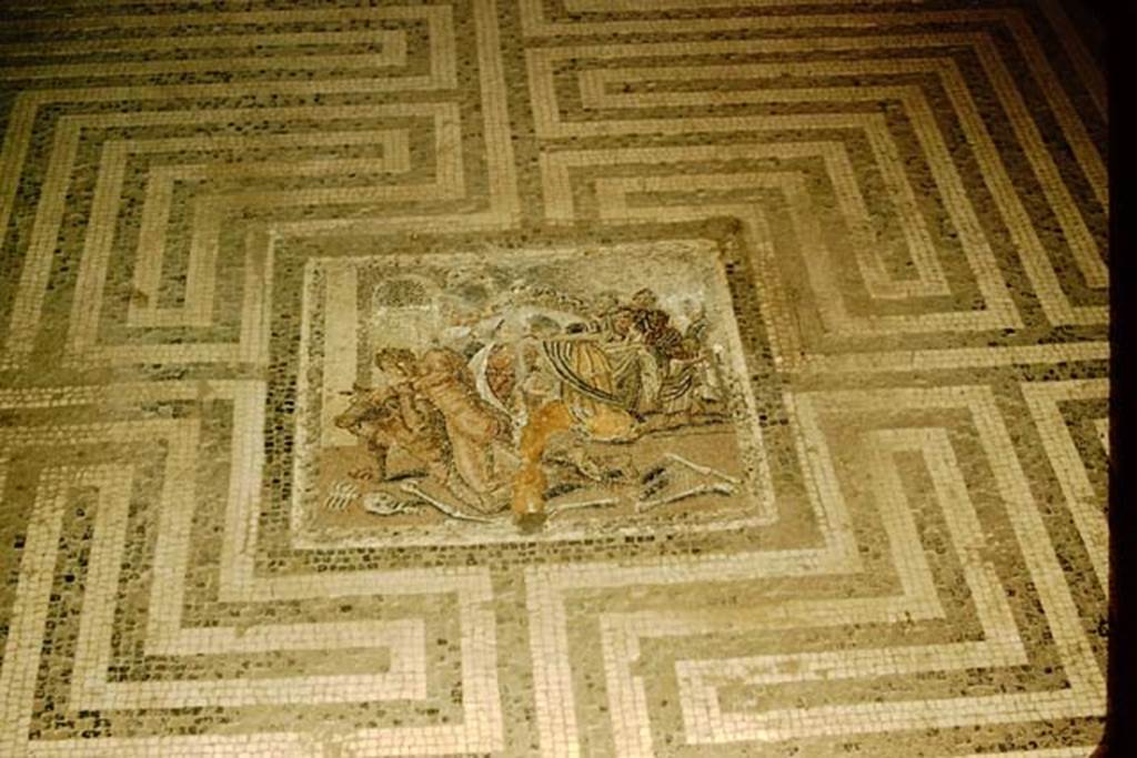 VI.11.10 Pompeii. 1965. Room 42, mosaic showing Perseus slaying the minotaur. Photo by Stanley A. Jashemski,
Source: The Wilhelmina and Stanley A. Jashemski archive in the University of Maryland Library, Special Collections (See collection page) and made available under the Creative Commons Attribution-Non Commercial License v.4. See Licence and use details.Jmis0198