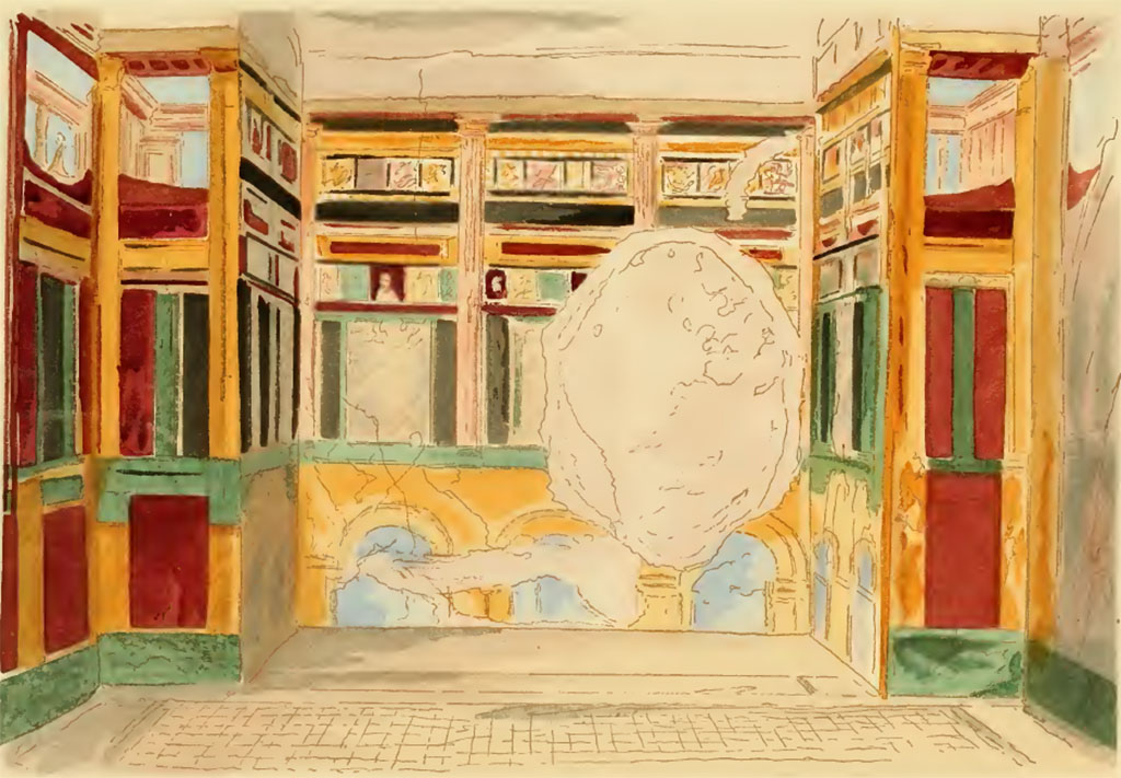 VI.11.10 Pompeii. Undated painting by Pierre Gusman.
Room 46, looking north in cubiculum or bedroom on north-east corner of the peristyle.
(III. Oecus, à murs creux, ayant probablement servi de salle chaude. Maison du Labyrinthe (Région VI, 9, 10, 11). Deuxième style.)
See Gusman P., 1924. La Décoration Murale de Pompei. Paris : Morancé, pl. III.