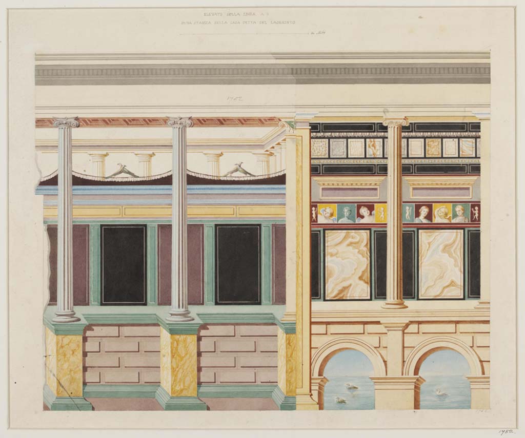 VI.11.10 Pompeii. Room 46, painted architectural scene on west wall of bedroom.
Watercolour by Ludwig Wilhelm Heinrich Gruner, born 1801 - died 1882, and Luigi Bazzani, born 1836 - died 1927 (maker).
Photo © Victoria and Albert Museum. Inventory number 1752.