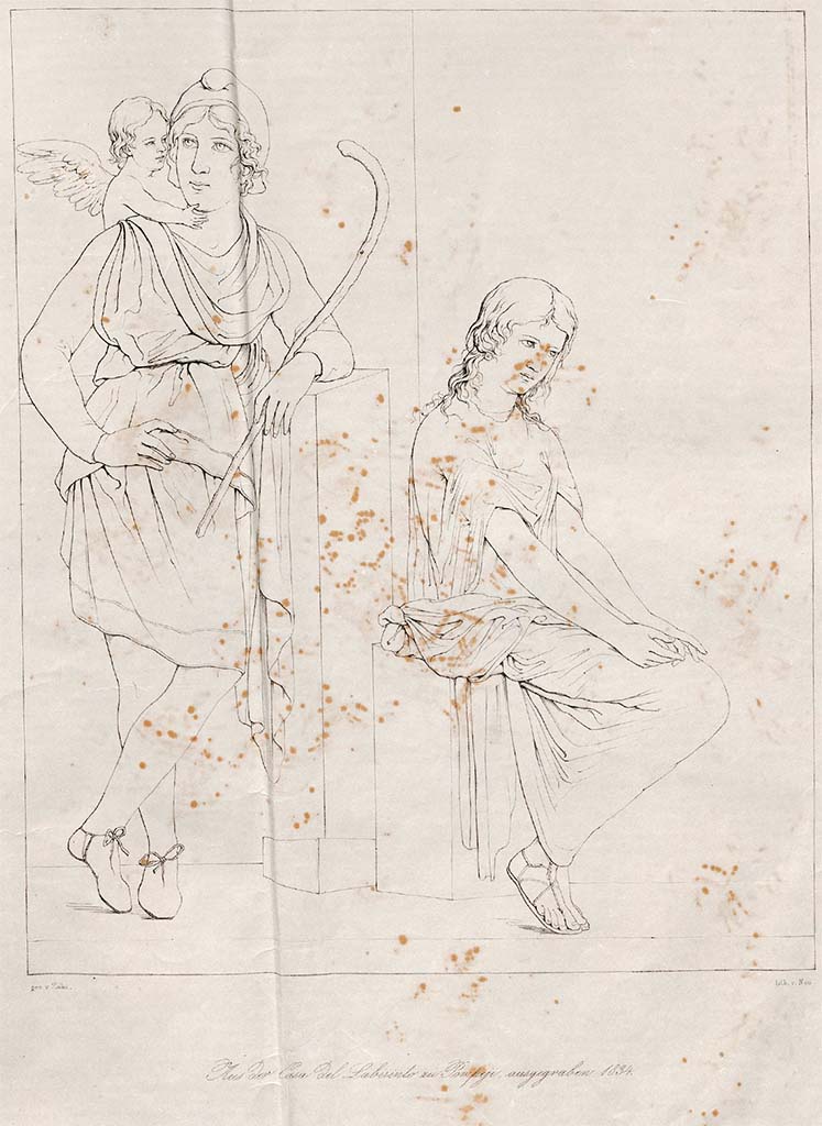 VI.11.10 Pompeii. Pre 1842. Room 29, drawing by Zahn, described as of Paris and Helen, excavated 1834.
See Zahn, W., 1842-44. Die schönsten Ornamente und merkwürdigsten Gemälde aus Pompeji, Herkulanum und Stabiae: II. Berlin: Reimer, taf. 31.