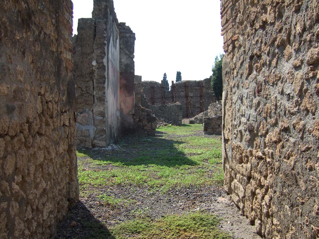 VI.11.12 Pompeii. September 2005.
Looking west from entrance corridor (1), across atrium (2), towards tablinum (5) with remains of painted plaster and garden beyond.
On the south side (left) of the tablinum is the doorway to the oecus (6).