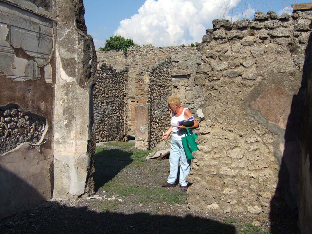VI.11.12 Pompeii. September 2005. Looking east through doorway of oecus (6) into south ala (17).
At the rear of the figure, and on the south side of entrance corridor, is the doorway to cubiculum (16).