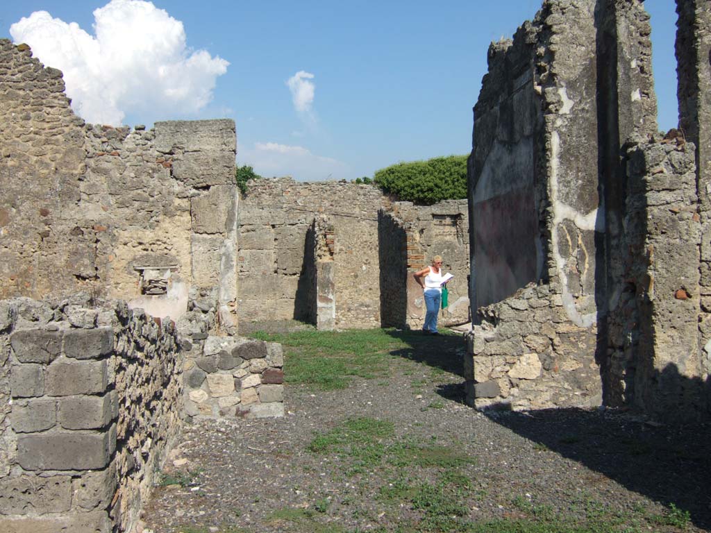 VI.11.12 Pompeii. September 2005.
Looking across area of uncovered walkway (19) to tablinum (5), and east across atrium (2) to entrance doorway.
On the left would have been the triclinium (4), with a window at both ends.
The one in the east wall overlooked the north ala/atrium.
According to Jashemski, the garden at the rear of the house (excavated in 1842) was entered through an unroofed passageway at the rear of the tablinum.
See Jashemski, W. F., 1993. The Gardens of Pompeii, Volume II: Appendices. New York: Caratzas. (p.144)