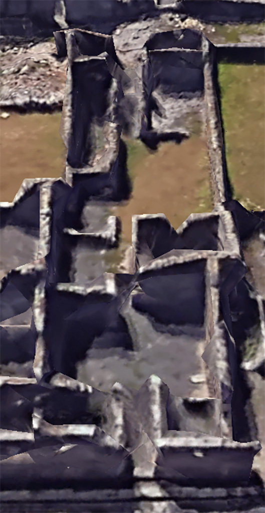 VI.11.6 Pompeii. Google Earth. 2023.
Looking west from VI.11.13 entrance doorway, lower centre, towards VI.11.6, upper centre.